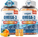 Vegan Omega 3 Gummies 1280mg + Vitamin D3 K2 (MK7), Omega 3 Fish Oil Alternative for Adults, w/Algae EPA 600mg & DHA 400mg, MCT Oil - No Fish Taste - for Brain, Eye, Immune Health, Sugar Free, 2 Pack