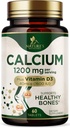 Calcium 1200 mg med vitamin D3 - bentilskud, D-vitamin & kalciumtilskud til kvinder & mænd - benstyrke, tænder og immunforsvar, naturens calciumpiller, flaske i USA - 60 tabletter