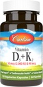 Carlson - Vitamin D3 + K2, 50 mcg (2000 IE) Vitamin D3 & 90 mcg Vitamin K2 som MK7, Knoglestøtte, Calciumabsorption, 120 kapsler