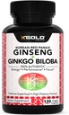 Autentisk koreansk rød Panax Ginseng 1200mg + Ginkgo Biloba 160mg - High Ginsenosides Extra Strength - Energy, Memory, Focus & Brain Health - Veganske kapsler til mænd og kvinder - 120 Greve