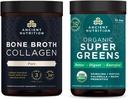 Ancient Nutrition Bone Broth Collagen Powder, Pure, 30 Servere + Organic Supergreens Powder, Green Flavor, 25 Servere