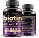 Biotin med hyaluronsyre, kollagen og Keratin - 25000 mcg hårvækst vitaminer til mænd og kvinder - negle og hud, USA Made - tredjeparts testet, B1, B2, B3, B6, B7 kompleks - 60 kapsler
