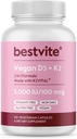 BESTVITE Vegansk Vitamin D3 5000 IE + Vitamin K2 100 mcg som MK- 7 (120 Vegetariske kapsler) - Ingen Stearates - Vegan - Ikke GMO - Gluten Free