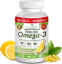 Bedste tredobbelt styrke Omega 3 Fish Oil Pills - 180 kapsler - 2400mg høj potens Burpless Lemon Flavor 864mg EPA 576mg DHA Ultra Pure Liquid Softgels for Brain Joins Eyes Heart Health Supplement