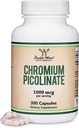 Chrom Picolinate 1000mcg til sund vægthåndtering (høj absorption og biotilgængelighed) (300 Vegan Safe Capsules, Non-GMO, Gluten Free) med dobbelt trætilskud