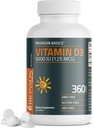 Bronson Vitamin D3 5000iu (125mcg) 1 år Tilgang til sund muskelfunktion og immunforsvar, non- GMO, 360 tabletter