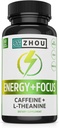 Zhou Energy + Focus - L Theanine Caffeine Pills, 200mg L-Theanine, 100mg Natural Anhydrous Caffeine Boost for Adults, Men & Women, Slow Extended Release - 60 Vegetarian Capsules (Pack of 1)