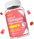 Collagen Gummier for kvinder Mænd, Kvinder Over 50, Collagen Peptider Protein Type I, II, III, V, X med Biotin Keratin Vitamin C A D E B12 K2 for hud hårnegle Immunitet Energi 60 Jordbær Flager Gummier