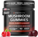 Effektiv Nutra Mushroom Gummies 2500mg - 10in1 Lions Mane, Reishi, Chaga, Cordyceps & Mere - Fokus, Klarhed, Hukommelse, Immunitet, Energi - Natural Raspberry Flavor, Vegan, Made in USA (90 Count)