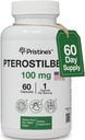 PRISTINE 'S Pterostilbene 100mg Antiældningstilskud Kapsler - 60 dages forsyning - Lungesundhed & Mental Clarity Antioxidant - Høj biotilgængelighed Vegan Non GMO