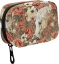 Fustylead Vintage Beautiful White Horse and Flower Pill Organizer for Purse, Weekly Portable Pill Box with Zipper to Storage Vitamins Fish Oils Medications Supplements