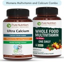 Pure Nutrition Ultra Calcium 1000mg og Whole Foods Dame Multivitaminer 1500mg for sunde knogler, Joints og Samlet Wellness. Ultra Calcium 120 Tabs + Dame Multivitaminer 90 Tabs.
