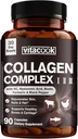 Collagen Peptider Complex, Type I, II, III, 2025 MG, Hydrolyzed Multi Collagen, VC, Biotin, HA, Gurkemeje & Sort Pepper, for Hud, Hår, Nails, 90 Caps