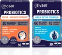 Bio360 Probiotika Bundle, Kognitiv Support Formel & Daily Extra Formel, Brain Support & Gut Health Kosttilskud, Hjælper Support Hukommelse, Fokus & Fordøjelse, 2 x 30 Vegansk Kosttilskud