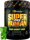 LION Superhuman Pre Workout Powder, Beta Alanine, L- Taurine & Tri- Source Coffein for Sustained Energy & Focus, Nitro- oxide & Citrulline for Pump (21 Serveringer, Sour Gummy Bear Flavor)