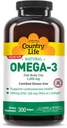Country Life Omega-3 Fish Oil Supplement, 1000mg, 180mg EPA & 120mg DHA, Fish Oil Concentrate, Burpless, 300 Softgel, Certified Gluten Free