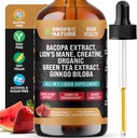 Creatin & Bacopa Liquid Drops med Lions Mane, Green Tea & Ginkgo Biloba - Hurtigere Absorbing Blend end Gummies & Pills - Vegansk supplement til forbedret fokus og kognition (Strawberry Watermelon, 60ml)
