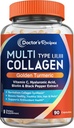 Lægens opskrifter Multi Collagen Peptider med gyldne gurkemeje, C-vitamin, biotin, hyaluronsyre & sort pepper, Collagen Kosttilskud til hud, hår, negle, Collagen til kvinder og mænd, 90 Caps