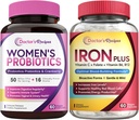 Doctor's Recipes Women's Probiotic & Iron Plus Bundle, Feminine Health & Blood Support, Probiotic Capsules 60ct & Iron Capsules 60 ct