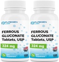 Puregen Labs Ferrous Gluconate 324 mg [høj potens] Jerntilskud, let på Mavesæk 124; 2 Pack - 200 tabletter i alt
